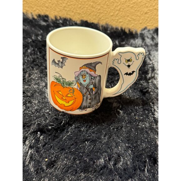 Vintage Halloween Witch Pumpkin Cup Mug Made In Japan Ghost Handle - Picture 1 of 7